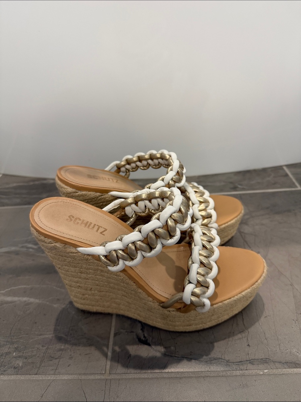 SCHUTZ White and Gold Braided Espadrille Wedge Sandals